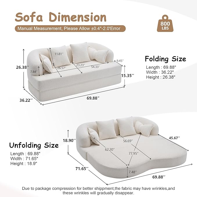 70Convertible Folding Sofa Bed 2-in-1 Boneless Loveseat Couch Wood-grain Soft Chenille with 4 Pillows Sleeper Sofa Love Seat Small Couch for Small Spaces Living Room Bedroom No Assembly