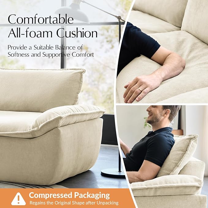 HULALA HOME 89 Compressed Foam Sofa Boneless Couch Oversized Cloud Couh with Deep Seat Modern 3 Seater Sofa with Removable Seat and Back Cushions No Assembly Required Beige