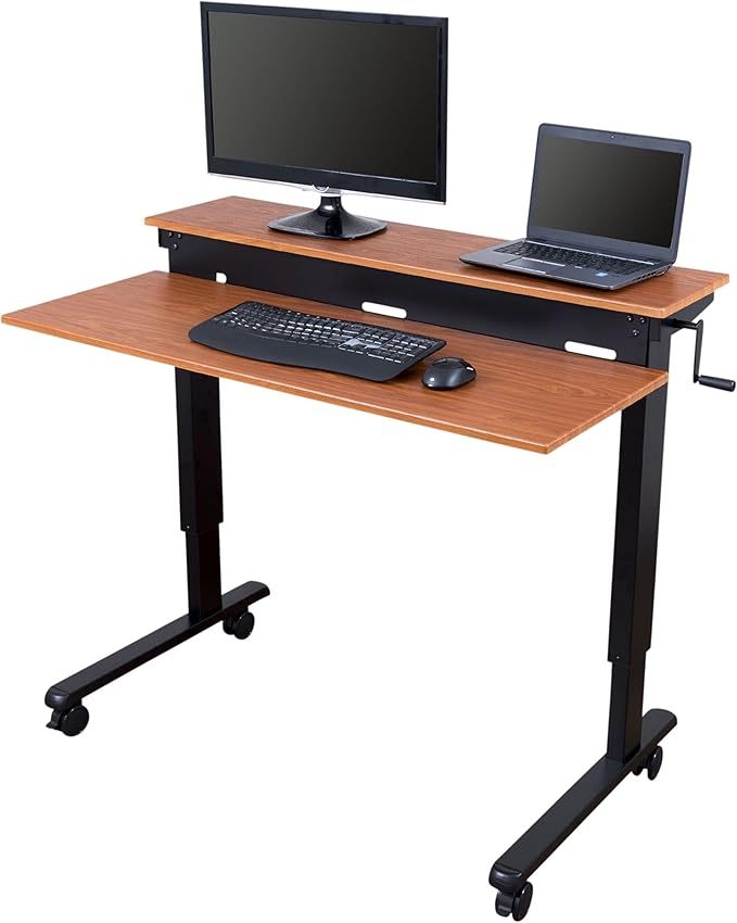 Stand Up Desk Store Crank Adjustable Two Tier Standing Desk with Heavy Duty Steel Frame (Black Frame/Teak Top 48 Wide)