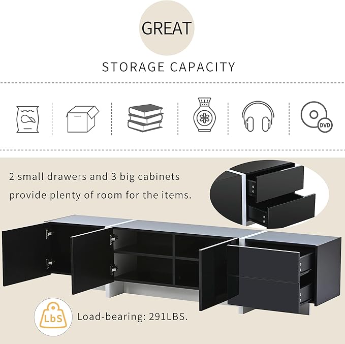 Merax Contemporary Rectangle Design TV Stand for Television Up to 80 Unique Style Console Table Modern Storage Cabinet with High Gloss UV Surface for Living Room Black