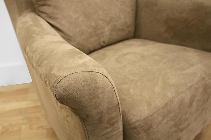 BOWERY HILL Contemporary Microfiber Upholstered Club Arm Chair Tan Finish Foam Cushioned Solid Wood Frame Matching Pillow Included Tapered Black Plastic Legs 33 H x 31 W x 30 D for Living