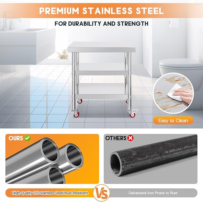 Jocisland 22 x 36 Three-Tier Stainless Steel Table NSF Certified for Prep &amp Work with Wheels Adjustable Under Shelf for Commercial Kitchen Restaurant Hotel and Garage