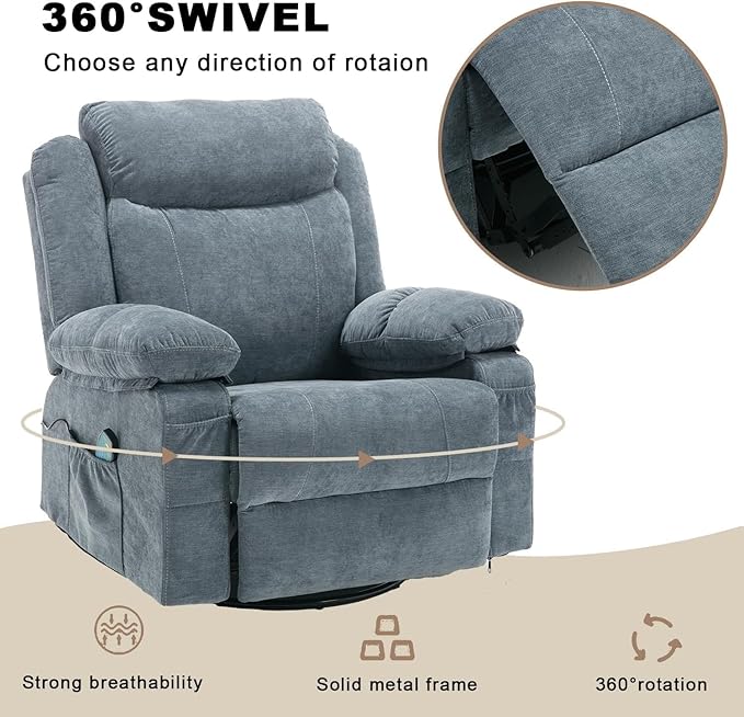 Swivel Rocker Recliner Chair Overstuffed Fabric Massage Recliner Chairs with Heat for Adults Oversized Reclining Sofa Manual Home Theater Rocking Recliner Lounge ChairsBlue