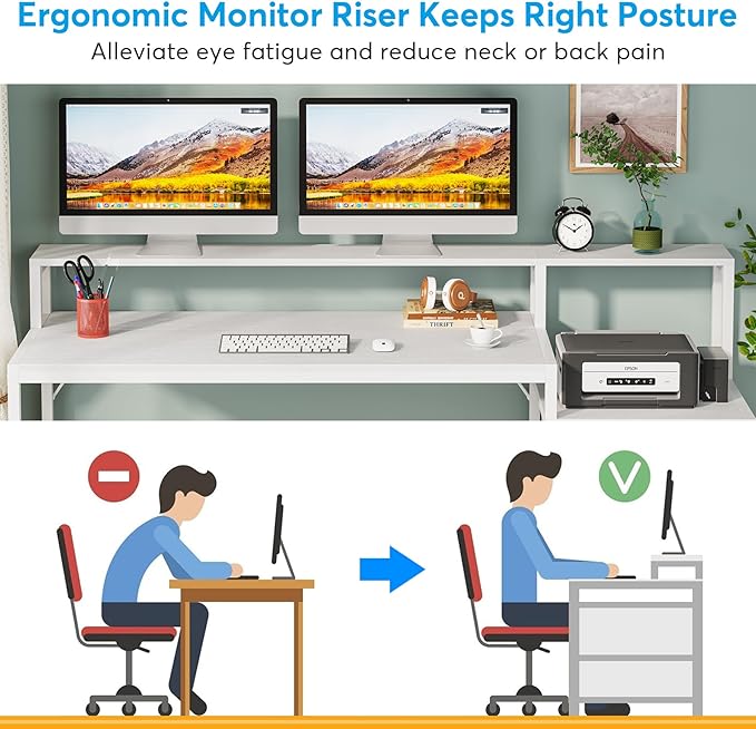 Tribesigns 63 Inch Computer Desk with File Drawer Cabinet Ergonomic Office Desk with Monitor Stand Computer Table with Printer Space Wood PC Table Workstation Desk for Home Office White