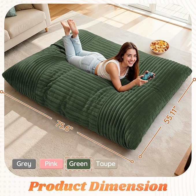3 in 1 Giant Bean Bag Chair for Adults and Kids Oversized Convertible Bean Bag Bed with Machine Washable Cover Comfy Soft Memory Foam Floor Sofa for Living Room Bedroom &amp Game Room(Green)