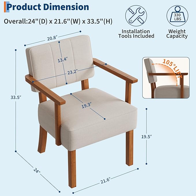 Garvee Mid-Century Accent Chair with Wood Frame. Linen Fabric Upholstered Lounge Armchair with Classic Vertical Stripe. Reading Leisure Chair for Living Room Bedroom Balcony Beige