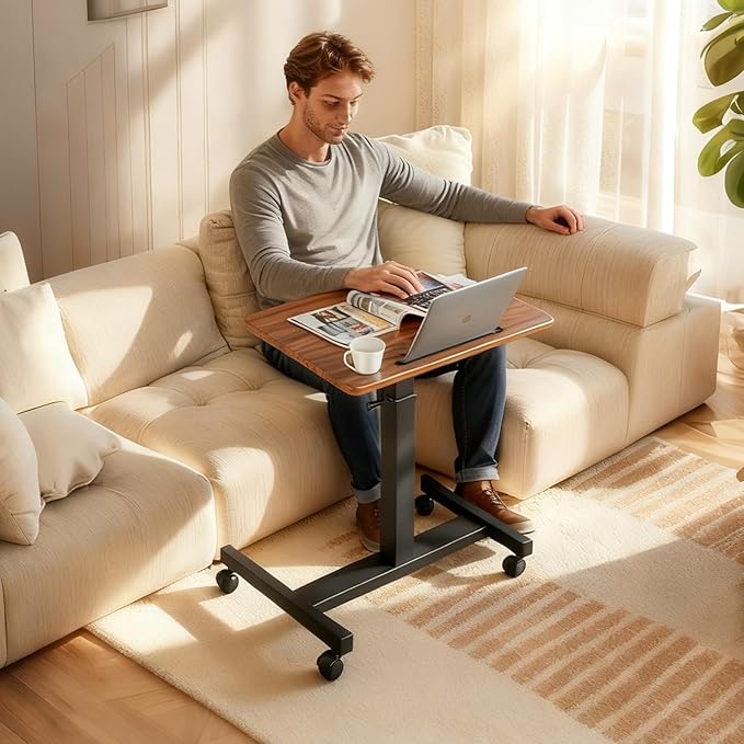 Mobile Standing DeskHeight Adjustable Overbed Bedside Table with Wheels&ampCup HolderHand Crank Sit Stand Desk and Laptop CartComputer Workstation for Home Office Classroom Hospital (Manual Walnut