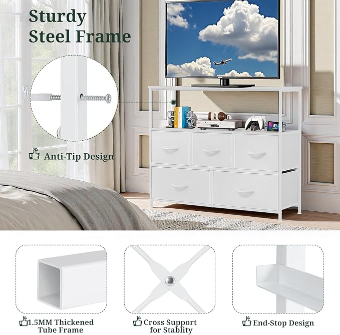 TV Stand 5 Fabric Drawers Dresser Entertainment Center for TV up to 45 inch Wooden Media Console Table Storage Organizer with Open Shelf for Living Room Bedroom or Small Space White