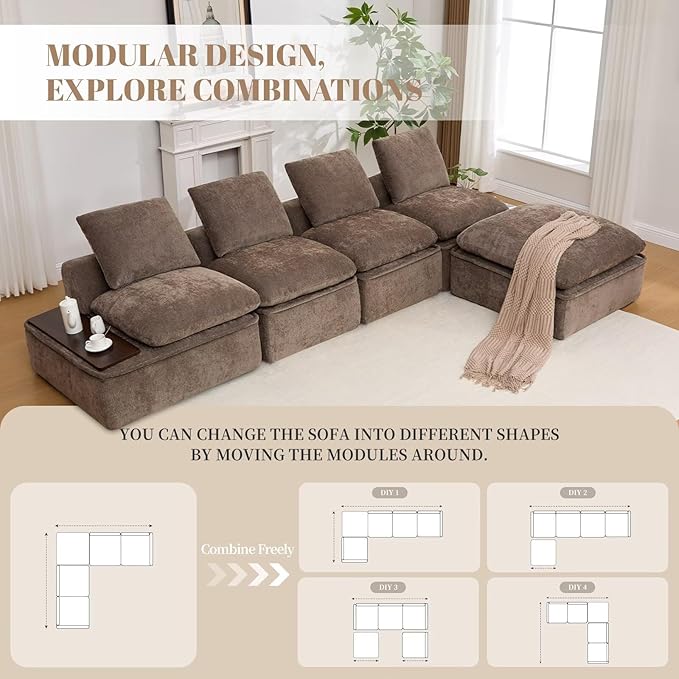 119 Oversized Cloud Modular Chenille Sectional Sofa with 2 Coffee Table Trays 4 Seat Couch Sectional Large Sectional Couches for Living Room Coffee