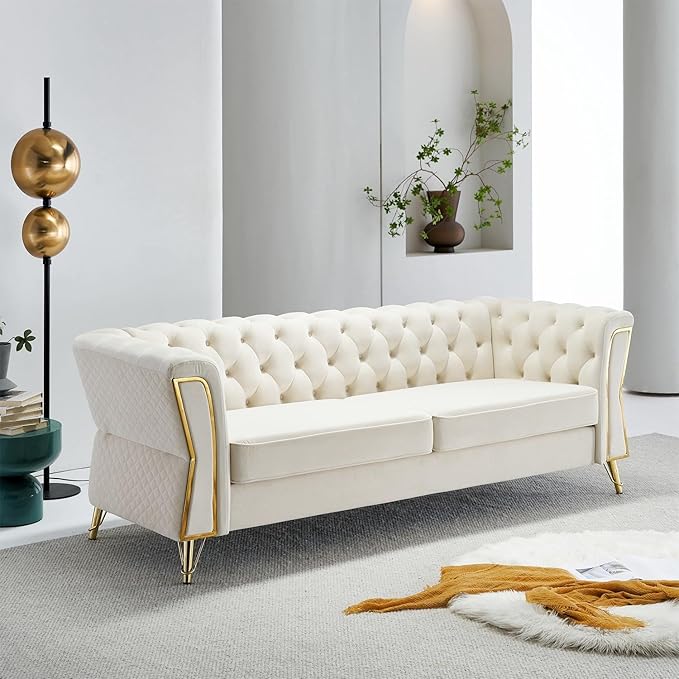 Modern Velvet Sofa Couch for Living Room 87.4 Inch Long Tufted Unique Upholstered Couch Oversized Sofa Decor Furniture with Golden Metal Legs (Beige)