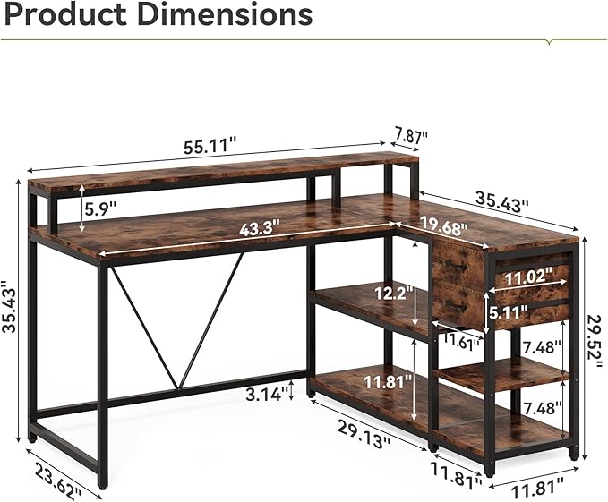 LITTLE TREE 55-Inch L-Shaped Computer Desk Reversible Computer Desk with Drawers and Storage Shelves Corner Desk Gaming Desk Work Desk for Home Office Rustic