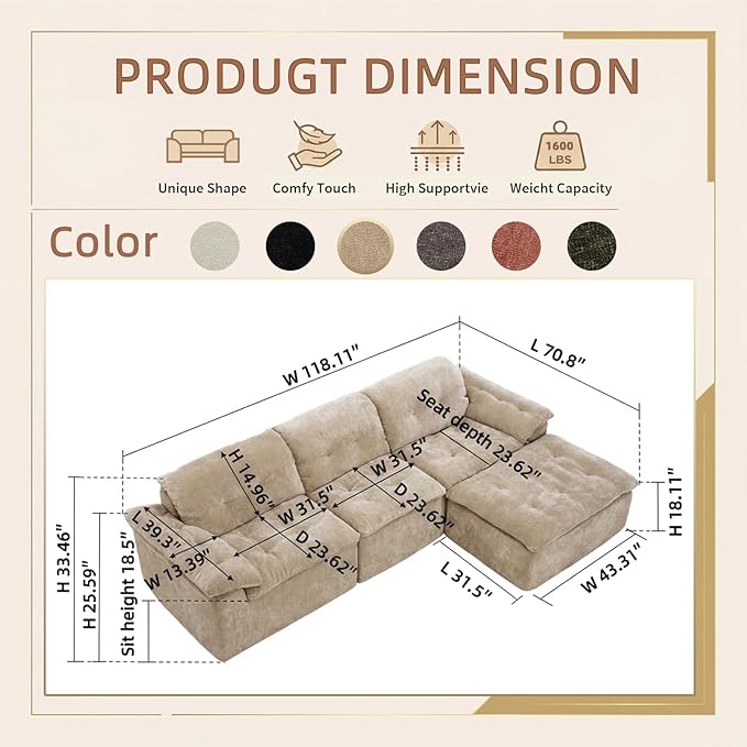 157 Cloud Sectional Couch Deep Seat Boneless Sofa for Living Room with U-Shaped Chaise Comfy Chenille Modular Sofa No Assembly Required (Coffee 118 L Shape with Left Facing Chaise)