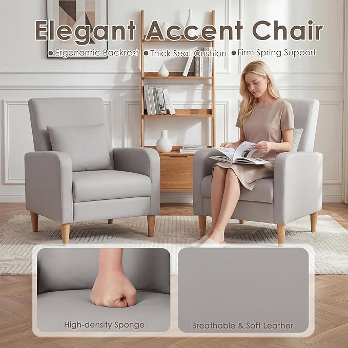 COLAMY Mid-Century Modern Upholstered Accent Chair with Back Pillow &amp Solid Wood Legs Leather Cozy Armchair for Living Room Bedroom Reading Nook Apartment &amp Small Spaces Lightgrey