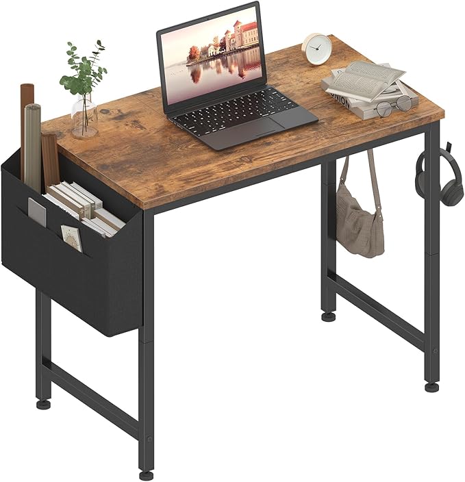 Lufeiya Small Desk for Small Spaces 32 Inch Kids Girls Study Writing Desks for Bedroom Simple Modern Laptop PC Little Side Table with Storage Bag Headphone Hooks Rustic Brown
