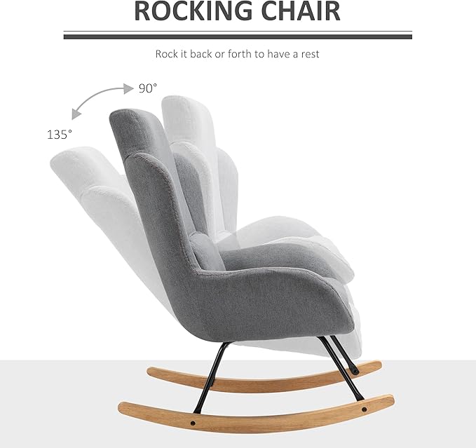 HOMCOM Modern Rocking Chair with Removable Lumbar Pillow Fabric Sofa Armchair with Thick Padding Metal Frame Wood Base for Living Room Light Grey