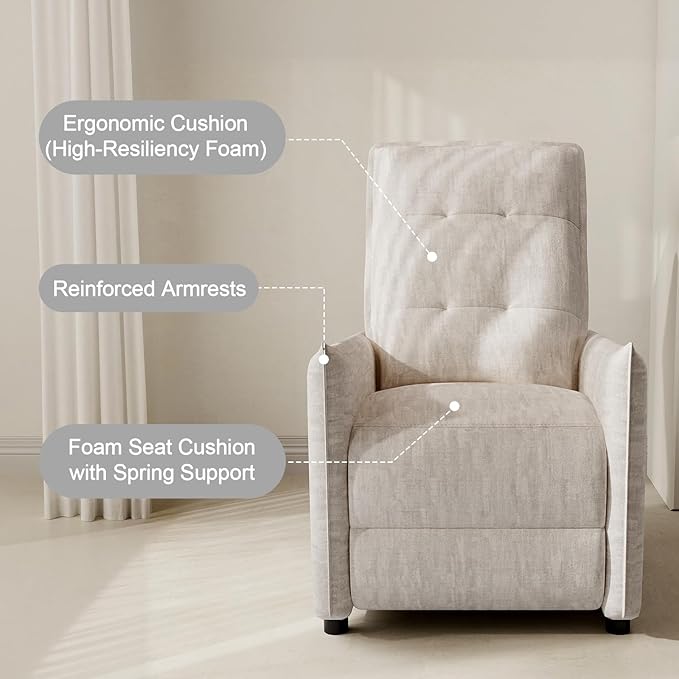 Chenille Fabric Recliner Chair for Adults - Manual Push Back Reclining Sofa with Sturdy Metal Frame Overstuffed High-Density Foam Adjustable Footrest for Living Room Home Theater (Beige)
