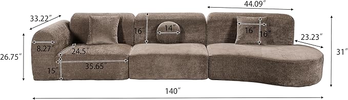 Christopher Knight Home Grelyn 140 Modular Sectional Sofa Couch Wool Fabric Boneless Cloud Couch Fully Compressed Home Sofa Living Room 3-Piece Lounge Sofa with Chaise Fully Assembled Brown