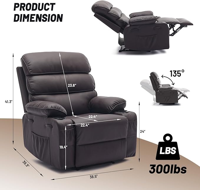 PU Leather Extra Wide Manual Recliner for Adults with Massage and Heat Large Lazy Chair with 1.5X Sponge Comfort Arm and Back for Living Room Bedroom