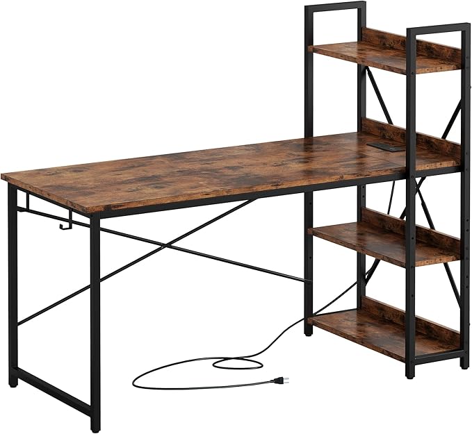 IRONCK Computer Desk 47 with Power Outlet and Storage Shelves Study Writing Table with USB Ports Charging Station PC Desk Workstation for Home Office Rustic Brown