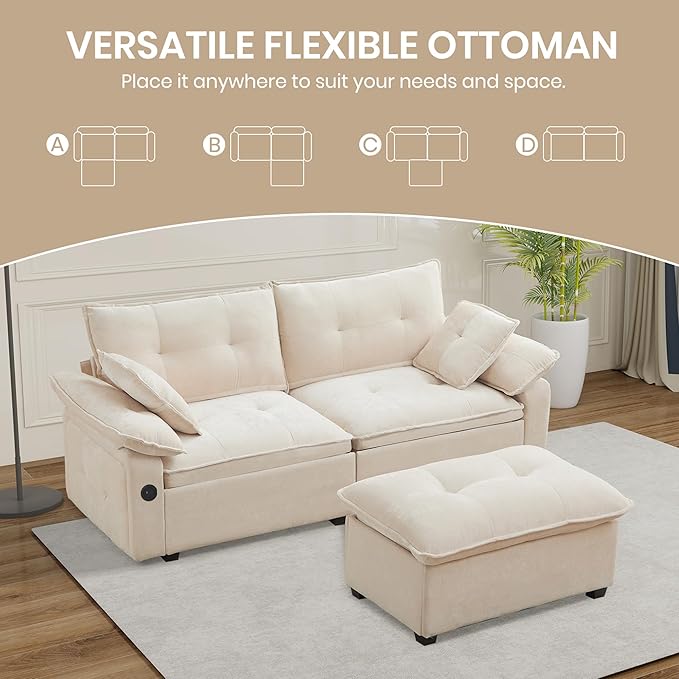 89 L Shaped Sectional Couch Comfy Modular Sectional Cloud Couch with Movable Ottoman 2-Seater Chenille Deep Seat Loveseat with Throw Pillows/USB for Living Room Apartment (Beige)