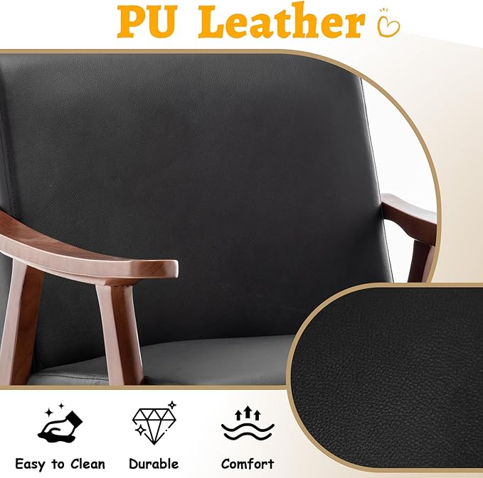 Mid Century Modern Accent Chair Upholstered Armchair Comfy with Wood Legs Siting Chair with Soft Cushion PU Leather Side Chairs for Living Room Bedroom Office (PU Leather Black)