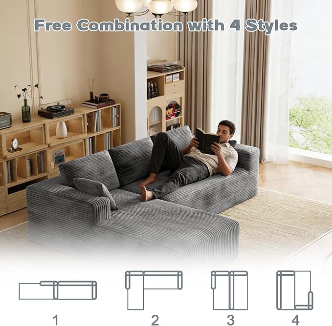 106 Corduroy Sectional Couch Boneless L Shaped Couch with Deep Seat Cloud Foam Sofa with Oversized Chaise Sectional Sofa No Assembly Needed for Living Room