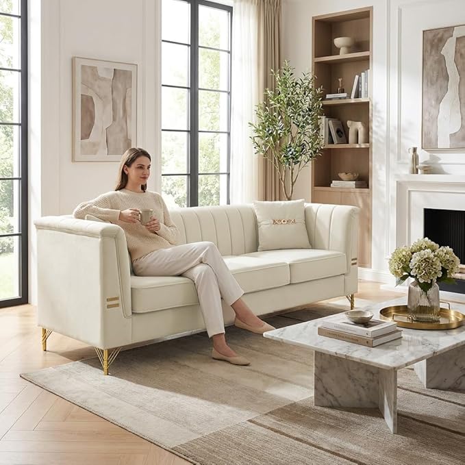 84'' L Modern 3 Seater Beige Velvet Sofa Couches with Metal Gold Legs for Living Room Mid Century Classic Tufted Chesterfield Sofa for Apartment