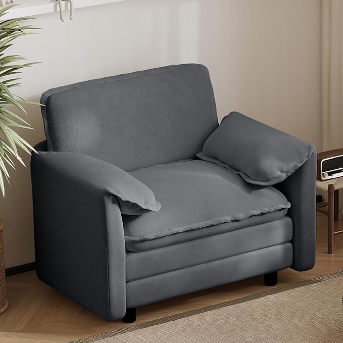 43 Oversized Chenille Single Sofa Chair Deep Seat Chaise Lounge Chair Upholstered Armchair Modern Accent Chairs for Living Room Bedroom Office Apartment Grey