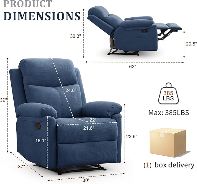 Recliner Chair Manual Recliner for Adults with Side Pocket Small Recliners for Small Spaces Adjustable Comfy Overstuffed Corduroy Reclining Chairs for Living Room Reading Bedroom Blue