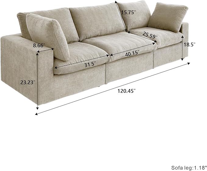 JACH 3-Seater Cloud Modular Sectional Couches Convertible Couch Cushion Covers Removable Cloud Sofa Sectional Sofas for Living Room Bedroom Apartment (Khaki)