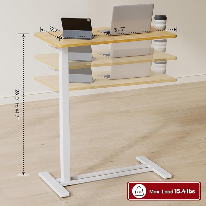 SANODESK Mobile Standing Desk with Hidden WheelsPneumatic Laptop Desk Rolling Computer Cart Movable Height Adjustable Small Sit Stand Desk for Home Office(31.5 W x 17.7 DMaple)