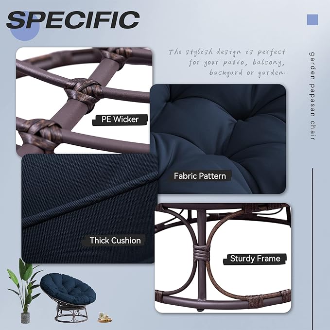 Joyside Papasan Chair with Cushion and Frame 46'' Wicker Papasan Lounge Chair Large Saucer Chair Brown Frame with Blue Cushion