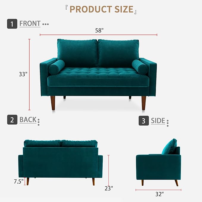 SILKIR Velvet Loveseat Sofa Love Seats Furniture for Small Spaces Mid-Century Modern Loveseats for Living Room Love Seat Couch 58 Inches Teal Blue