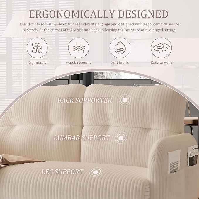 Corduroy Loveseat for Living Room &amp Bedroom - Modern 2-Seater Sofa with Storage PocketsSolid Wood Frame High-Density FoamComfortable Compact Couch for Small Spaces500 lb Capacity (Beige)