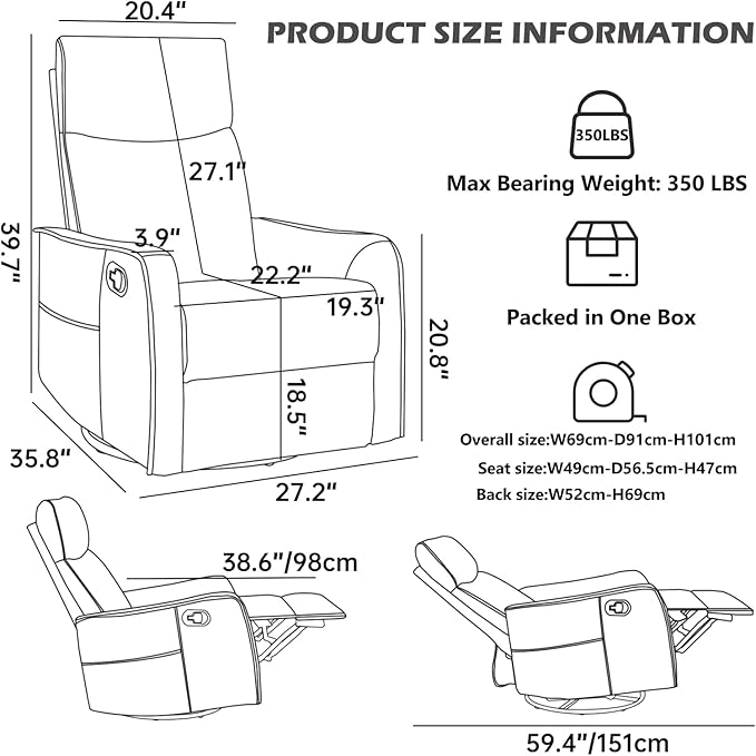 Swivel Rocker Recliner Chair 360° Swivel Recliner with Heat and Massage Rocker Recliner Nursery Glider Chair with Side Pockets for Living Room (Beige Fabric)