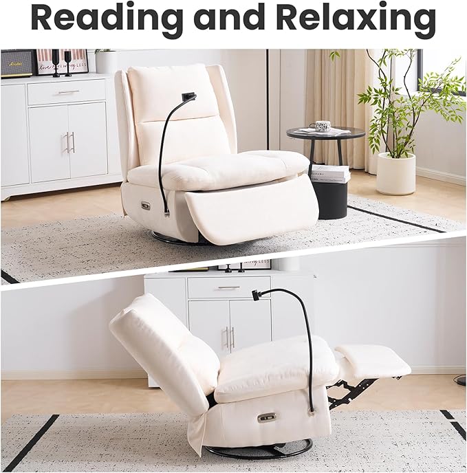 Swivel Rocker Recliner Chair Oversized Armless Recliner with Phone Holder &amp USB Port Power Recliner Chair for Adults Cross Legged Glider Rocking Chair for Living Room Chenille Beige