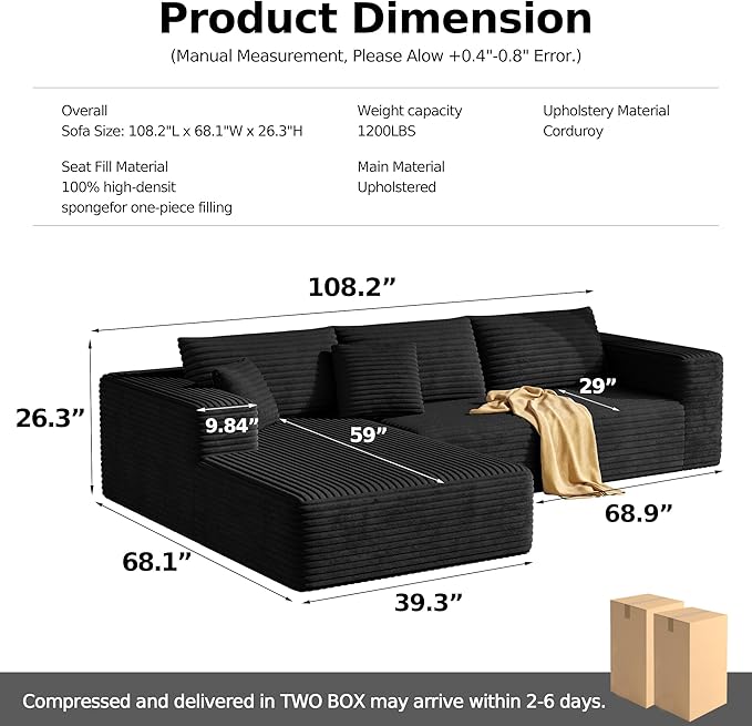 MoonSpeak 107 Sectional Boneless Couches for Living Room.Deep Seat Corduroy L Shaped Modular Sofa.Cloud Sectional Sofa.Upholstered Couches with Oversized Chaise(BlackLeft Chaise)