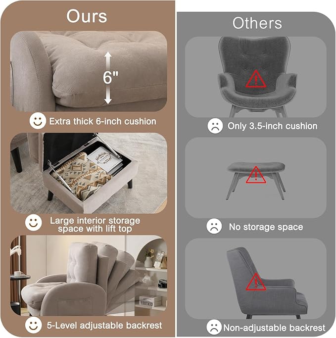 ELUCHANG Accent Chairs with Ottoman Upholstered Comfy Armchair with Adjustable Backrest&ampStorage Footrest Lazy Chair Reading Chair Leisure Sofa Recliner for Living Room Bedroom (Light Grey - Line