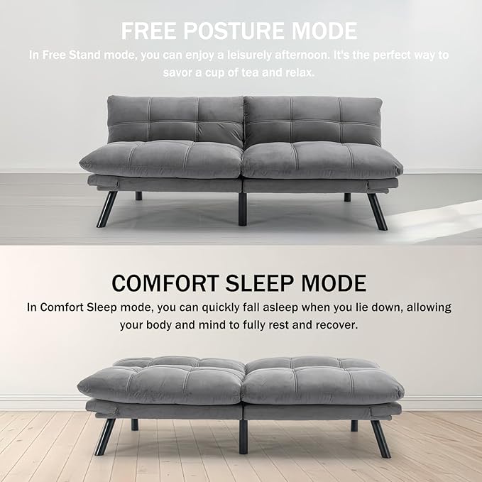Convertible Futon Double Sofa Bed2 in 1 with Adjustable Backrest Memory Foam Loveseat for Living Room Bedroom Office Apartment Compact Sofa(Grey)