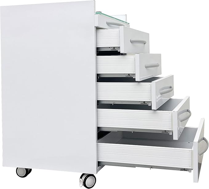 5 Drawers Mobile Office File Storage Cabinet Stainless Steel Dental Medical Assistant Cabinet Utility Cart Glass Countertop with Lock and Wheels and Storage Tray for Office Hospital White