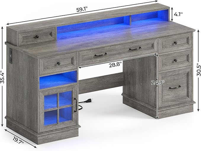 BTHFST Farmhouse Executive Desk with File Drawer Computer Desk with Charging Station &amp LED Lights Home Office Desk with Drawers &amp Storage Cabinet Executive Office Desk with Monitor Stand G