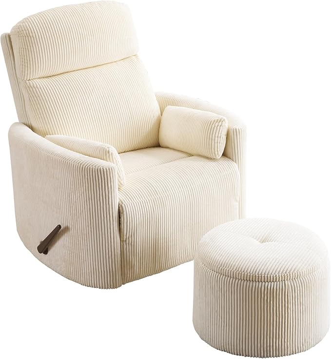 Oversized Swivel Rocker Recliner Chair with Massage and Heat Manual Swivel Glider Rocker Recliner with 2 Pillows Rocking Nursery Chair with Storage Ottoman Adjustable HeadrestCorduroy Beige