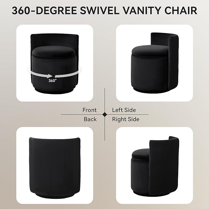 Velvet Vanity Chair with Storage 360° Swivel Makeup Chair with Wave Back No Assembly Small Accent Stool for Bedroom Dressing Living Room Black