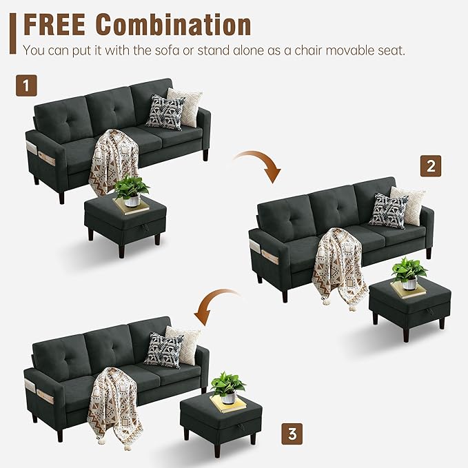 2PCS Sectional Couch Set 3 Seat Sofa and Chair Set with Side Pockets &amp Movable Storage Ottoman Modern Convertible Fabric Corner Lliving Room/Office Sofa Set (3+1Seat/ Black)