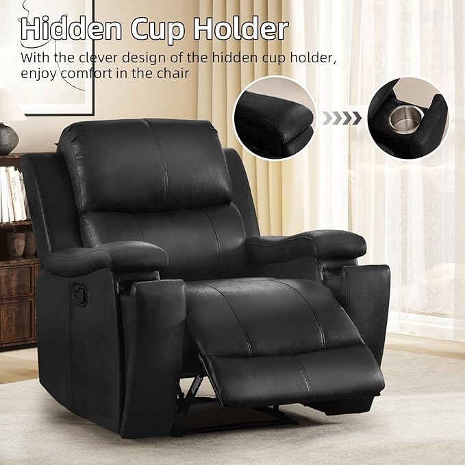 EBELLO Recliner Chair Single Overstuffed Sofa Recliner Breathable Faux Leather Manual Reclining Chairs with Hidden Cup Holder Arm and Back for Adults Living Room Bedroom Black