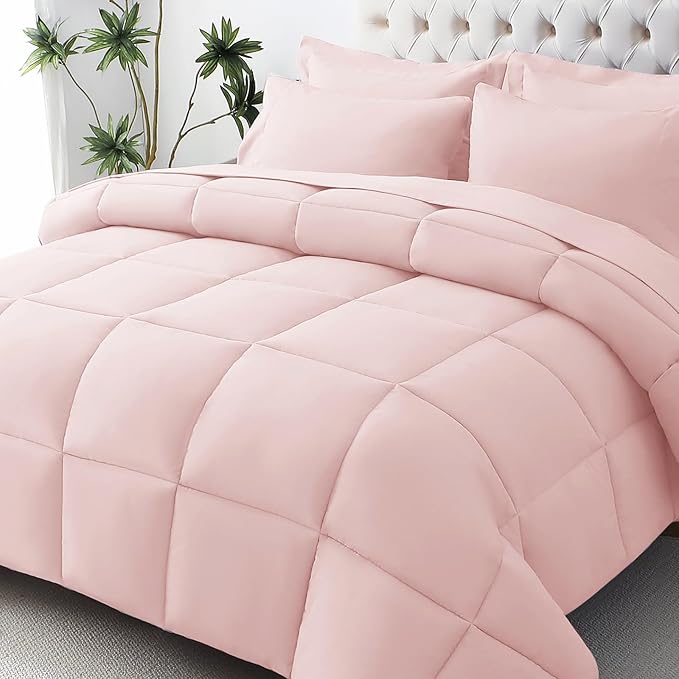 JOLLYVOGUE California King Comforter Set Ultra-Soft Bed in a Bag Cal King Size 7 Pieces Oeko-TEX Certified Bedding Set with Down Alternative Comforter Sheets Pillowcases &amp Shams Blush Pink