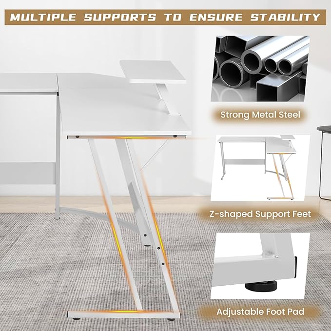 BLKMTY L Shaped Gaming Desk Computer Desk Corner Desks Wood Gaming Table PC Table with Monitor Stand for Home Office Dorm Sturdy Writing Workstation Carbon Fiber Surface 50-Inch White