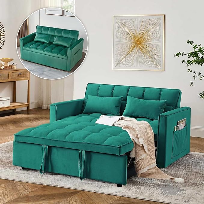 3 In 1 Velvet Convertible Sofa Bed Pull Out Couch Bed with Reclining Backrest And 2 Pillows 54 Full Size Loveseat Sleeper Sofa Futon Couch Beds Couches For Small Spaces Living Room (Dark Green)