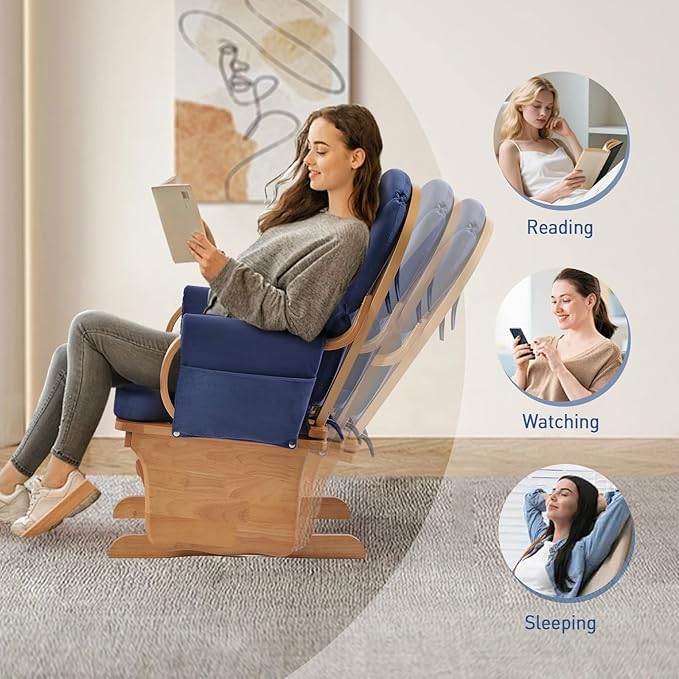 Comfortable Solid Wood Glider Rocker Chair with Plush Velvet Cushion Weight Bearing 280LBS- Modern Rocking Chair for Living Room Nursery Reading Nook - Blue+Beech Color
