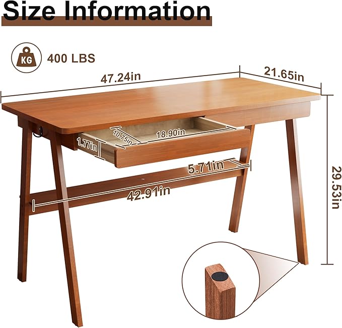 100% Solid Wood Writing Desk - 47.2 Mid Century Modern Desk Home Office Desks with 2 Drawers and Storage Shelf Small Computer Desks Study Makeup Workstation for Bedroom/Living Room Walnut